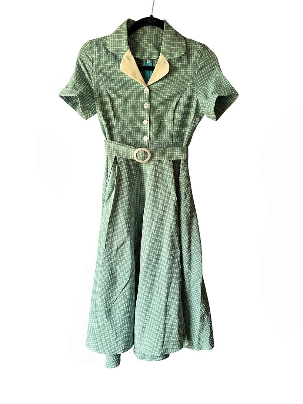 Stretchy repro vintage 1950s Style Green Check Swing Dress Size S mod waitress s